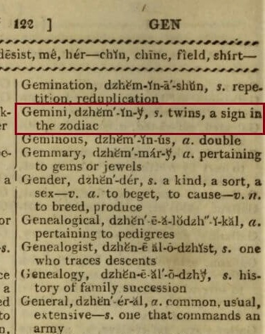 1816年倫敦出版的詞典中，Gemini 的詞尾發音記號是 y